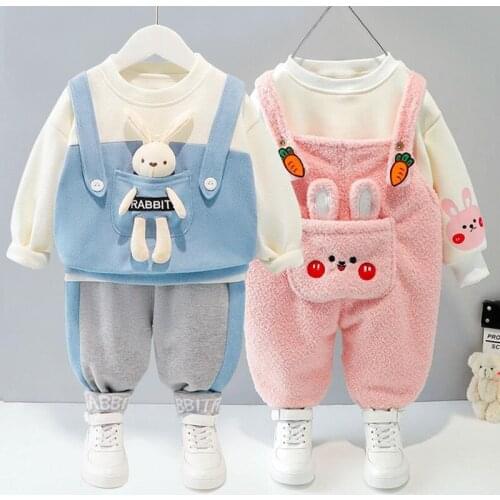 2021 new childrens cartoon rabbit ear set boys and girls Plush suspender pants two-piece Baby Sweater sportswear