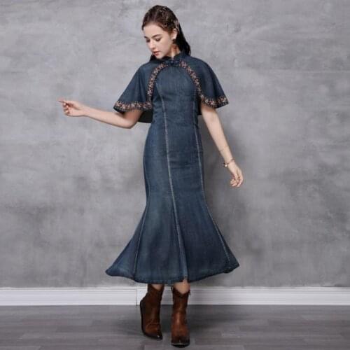 Cheongsam denim dress fashion lolita girl cloak embroidery cotton Dresses female over the knee Retro Mermaid Dress F1095