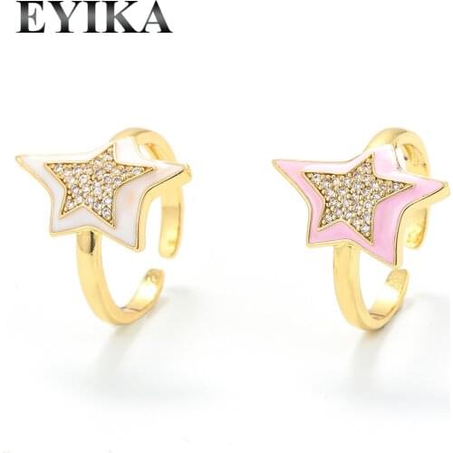 EYIKA Multicolor Enamel Zircon Double Star Women Finger Rings Neon Purple Pink Gold Plated Open Cuff Ring Party Jewelry Gift