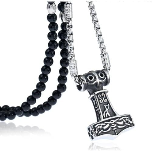 Thors Hammer Viking Amulet Mjolnir Stainless Steel Pendant Necklace with Black Natural Stone Chain 26"