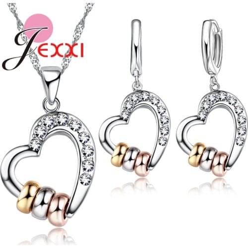 Elegant Wedding Jewelry Sets For Women Hot New CZ Crystal 925 Sterling Silver Engagement Heart Necklace Earring Set