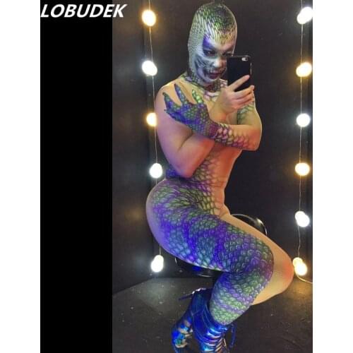 Male Female Halloween Cosplay Role Performance Clothes 3D Snake Pattern Printed Elastic Jumpsuit Bar Party Show Stage Costume