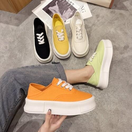 Round Toe Korean Shoes Clogs Platform Women Casual Female Sneakers All-Match 2021 Cross Creepers Small Summer Fabric Solid Fashi