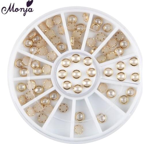 Monja 12 Grids/box 4mm Nail Art AB Gold Edge White Glitter Beads Studs 3D DIY Charm Pearls Round Manicure Decoration Wheel