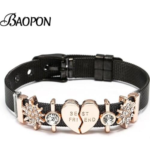 BAOPON BEST FRIEND Charms Black Mesh Men Bracelets Bangles For Women Couple Stainless Steel Heart To Heart Beads Bracelets Gifts