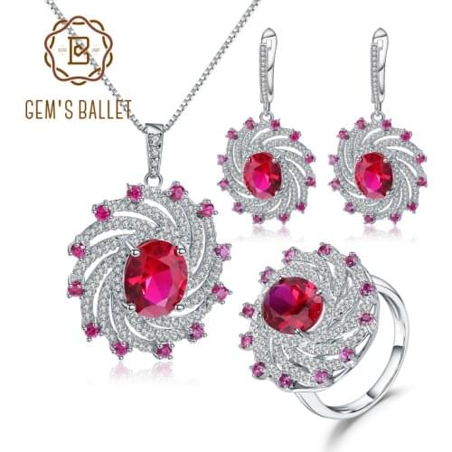 GEMS BALLET Luxury Lab Created Ruby Vintage Jewelry Set 925 Sterling Silver Ring Earrings Pendant Sets For Women Fine Jewelry