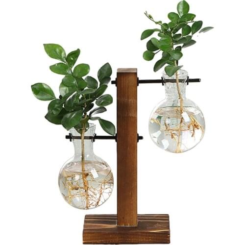 Desktop Glass Plant Vase Glass Planter Bulb Pot Flower Holder Desktop Plant Terrarium With Wood Stand Plants Home Office Decor