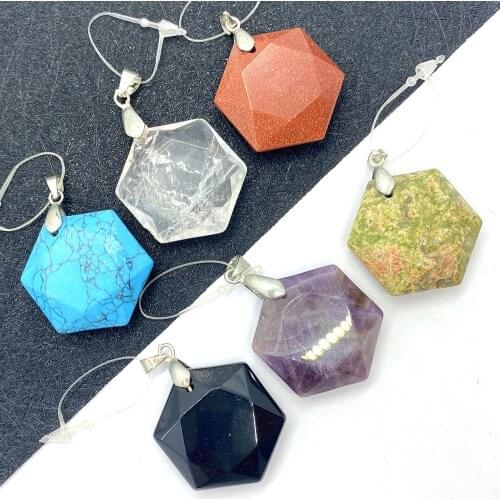 Natural Stone Necklace Pendant Hexagon Quartzs Jewelry Charm Polishing DIY Making Jewelry Necklace Accessories Charm