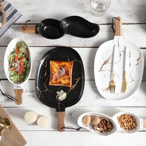 Nordic creative matte black glazed ceramic tableware simple marble gold baking plate bowl with wooden handle
