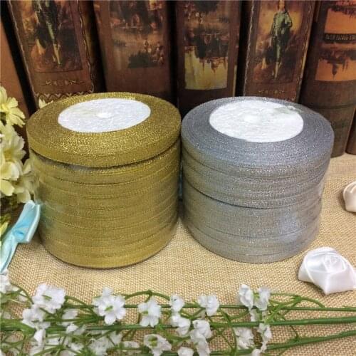 New (25Yards/roll) Gold/Silver Glitter Ribbon 1/4" 6MM Onions Ribbons Riband For Wedding cake Gift Decoration DIY Craft supplies
