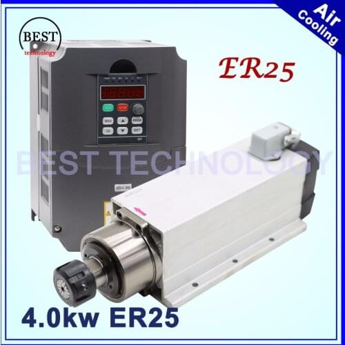 New arrival! 4kw ER25 air cooled spindle motor air cooling 18000rpm 4.0kw 4 bearings 220v/380v square spindle & 4.0kw Inverter