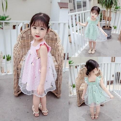 New Summer Baby Girl Solid Color Princess Dress Sleeveless Cotton Dot Pineapple Mesh Lace Strap Dresses Pretty Kid Party Clothes