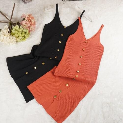 New Sexy Women Spaghetti Strap Dress V-Neck Split Button Knitted Dresses Female Sleeveless Bodycon Tank Dress Vestidos SF854