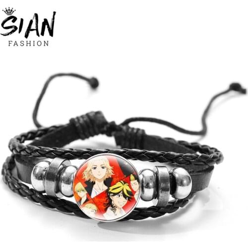 Trendy Anime Tokyo Revengers Black Braided Leather Bracelet Art Photo Glass Dome Multi Layer Handmade Bracelets for Unisex Gifts