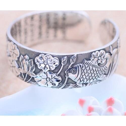 MeibaPJ Real 999 Sterling Silver Fish Playing Lotus Leaf River Picture Exquisite Opening Bracelet Exquisite Party Jewelry