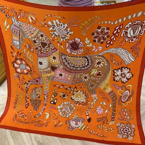 Luxury 70% Cashmere 30% Silk Scarf Women Fashion Flower Horse Shawl Stole Hand Rolled Blanket Kerchief Logo Bandana 135*135cm