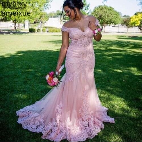 Sexy Plus Size Off Shoulder Pink Evening Dress Boat Neck Appliques Beading New Women Formal Party Sweep Train Robe De Soiree