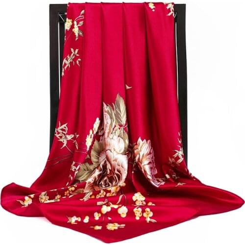 Silk Scarves Women flower Print Foulard Satin Square Head Hijab Scarf Ladies Luxury Brand Shawls 90cm Bandana female muffl