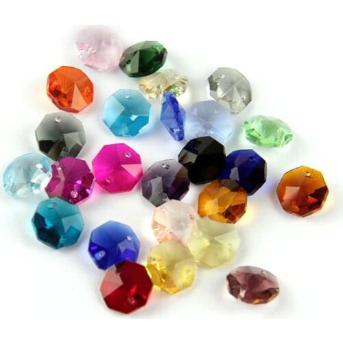 Various Color 50pcs/Lot 14mm Glass Octagon Beads With Two Holes Suncatcher Crystal Prisms Accessories For Chandeliers