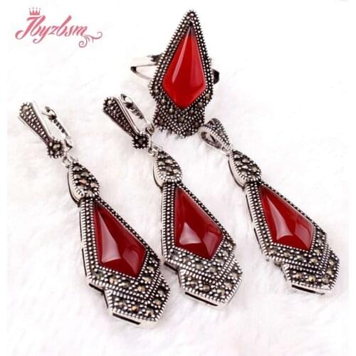 9x11mm Red Agates Marcasite Tibetan Silver Fashion For Party Jewelry Pendant 15x46mm/Earrings 15x50mm/Ring #6-#8 Free Shipping