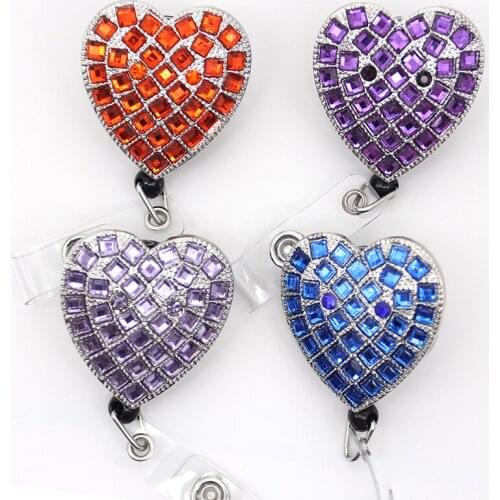 3 Colors Rhinestone Crystal Heart Shaped Retractable ID Badge Holder For Nurse Airline