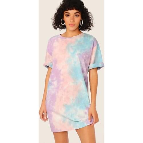 O Neck Short Sleeve Loose Waist Chic Womens Dress 2021 Spring Summer Casual Fashion Tie Dye Cutton Ladies Dress