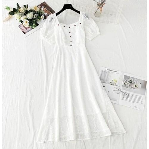 Women Chic Fashion Solid color Summer Midi Dress Vintage Short Sleeve Square collar White Elegant Dresses Sweet Vestidos