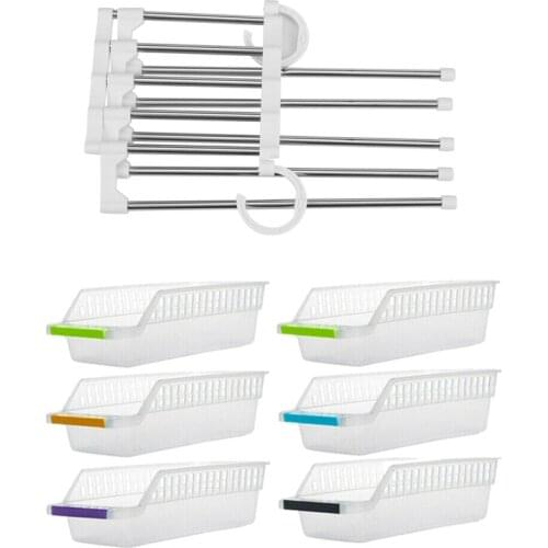 1 Pcs Pants Hanger Closet Organizer Non Slip Multi Layers Storage Rack & 6 Pcs Fridge Organizer Drawer Storage Box