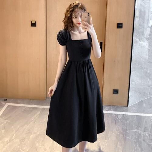 2021 Fashion Women black Short Sleeve dress casual high waist A line Midi Dress Ladies Summer Holiday Party Female Dresses