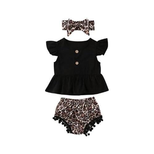 Newborn Toddler Baby Girl Fly Sleeve Ruffle Tops Floral Leopard Shorts and Headband 3PCS Summer Outfit