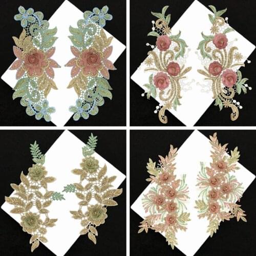 3D Golden Hot Drilling Color Embroidered Flower Applique With Sew On Patch Clothing With Bright Powder for Wedding Dresses