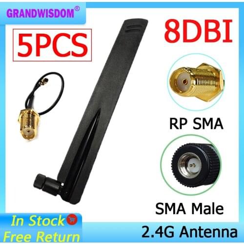 5pcs 2.4Ghz Wifi antenna 8dbi SMA Male Omni-Directional 2.4 ghz antenne Router wi fi Antena +21cm RP-SMA Male Pigtail Cable