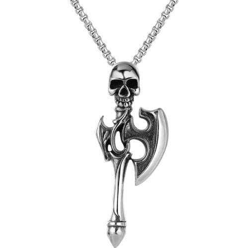 Skull Tomahawk Pendant Necklace Stainless Steel Mens Necklace New Fashion Metal Retro Pendant Accessories Party Jewelry