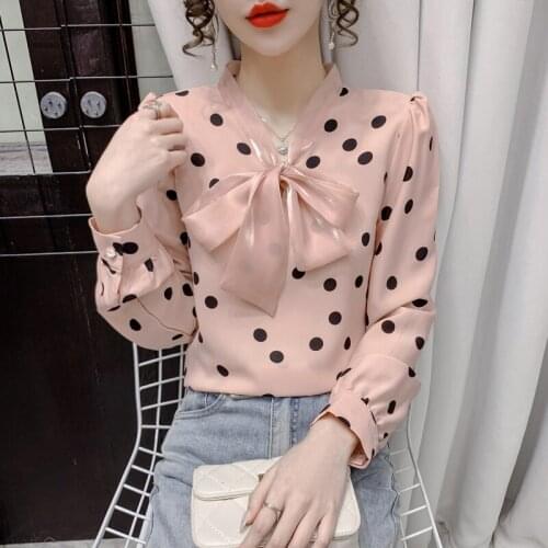 Chikichi 2021 Autumn New Style Korean Fashion Polka Dot Bow Tie Blouse Elegant and Sweet Ladies Pullover Long Sleeve Top Women