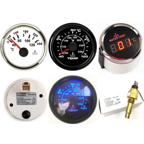 1pc 40-120 Degree Water Temp Gauges 52mm White Water Temperature Meters Red Backlight 9-32v M14x1.5 M16x1.5 NPT3/8 Sending Unit