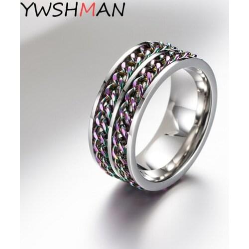 Titanium Stainless Steel Chain Double layer Spinner Ring For Men Blue Gold Black Punk Rock Rings Accessories Jewelry Gift