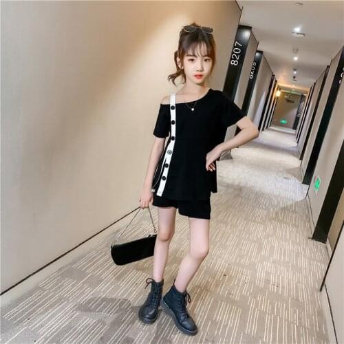 Summer Kids Girls Clothing Sets 2 Pcs Fashion Off Shoulder T-shirt + Shorts Outfits for 3 To 14 Years Child Girls Clothes Set