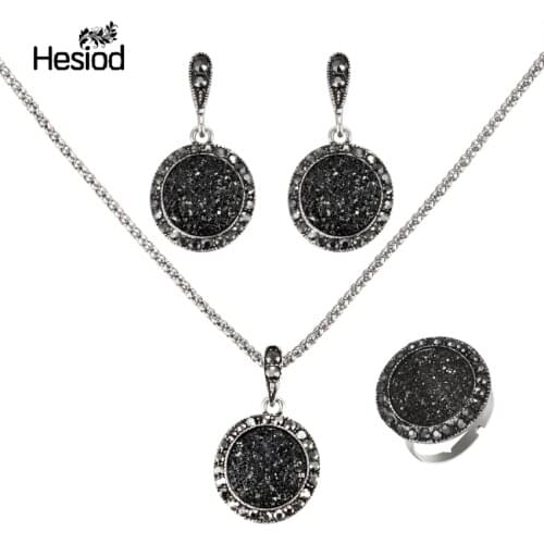 Hesiod New Arrival Antique Chain Black Stone Crystal Necklace Earrings Rings for Women Wholesale