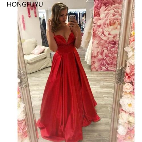 HONGFUYU Long A-line Satin Prom Gowns Formal Evening Dresses Spaghetti Straps Robe De Soiree Red Party Dress vestidos de fiesta