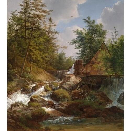 Art Oil painting excellent summer sunset landscape with creek crossing village