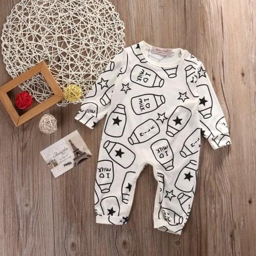 Pudcoco Newborn Baby Boy Girl Clothes Feeding Bottle Print Long Sleeve Romper Jumpsuit One-Piece Outfit Cotton Clothes