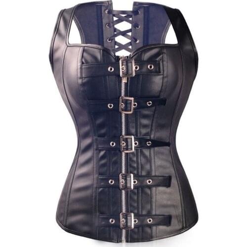 High Quality Sexy Women PVC Steampunk Corselet Steel Boned Overbust Faux Leather Corset Body Shapewear Bustier Tops W31036