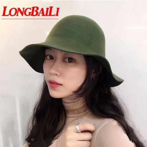 LongBaiLi Winter Women Plain Wool Felt Cloche Hats Chapeau Round Top Bucket Caps Female SDDW098
