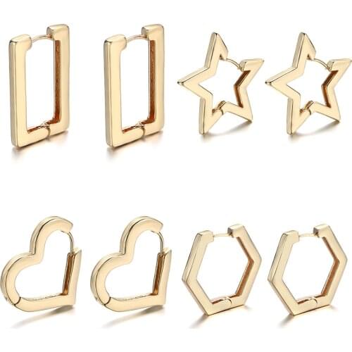 Simple Geometric Square Star Copper Hoop Earrings Punk Gold Circle Small Huggie Earrings Love Heart Jewelry Bijoux 2020