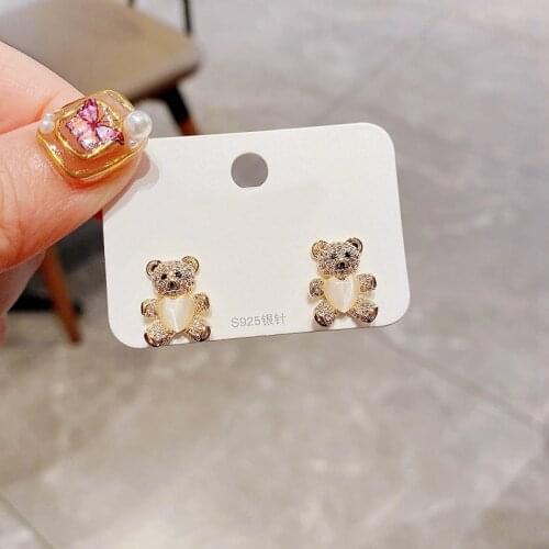 Trendy Heart Stone Cute Bear Stud Earrings for Women Girls Gold Color Plated Cubic Zirconia Earrings Jewelry