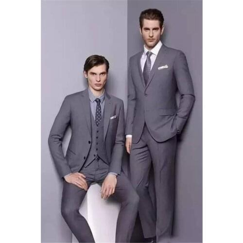 Fashion Two Buttons Grey Groom Tuxedos Groomsmen Notch Lapel Mens Suits Blazers (Jacket+Pants+Vest+Tie) W:1272