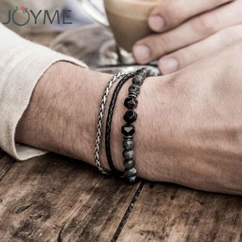 Mens Bracelet Handmade DIY mix Natural Stone Classic Beaded Genuine Leather and Stainless Steel Chain 3 pieces/lot Set