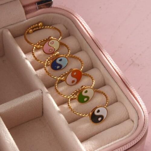 2021 New Colorful Enamel Circle Round Yingyang Charm Rings For Women Stainless Steel Gold Adjustable Ring Jewelry Gift For Girl