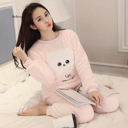 New Autumn Winter Warm Flannel Women Pyjamas Sets Thick Coral Velvet Long Sleeve Cartoon Sleepwear Flannel Pajamas Set Girl