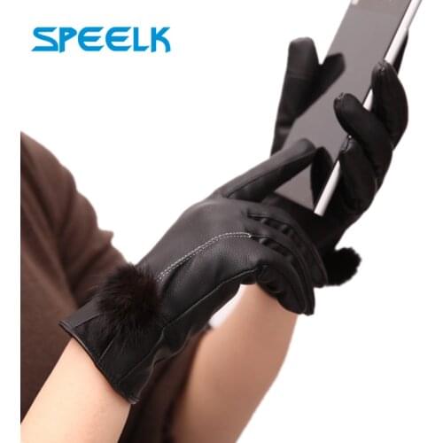 New Touch Screen Women Leather Gloves Lady Hair Ball Winter Warm Velvet Mittens Female Thickening Cycling Gloves Wholesale